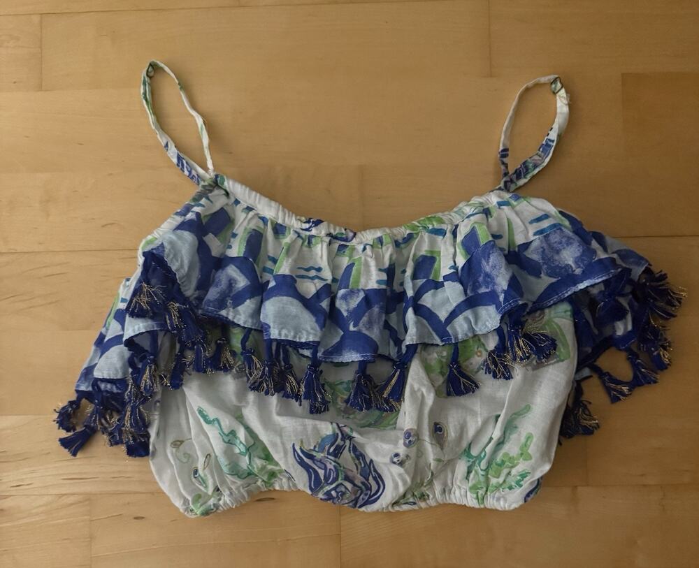 Antica Sartoria top Tropical Blue Floral Crop Top Tassels OS Cotton